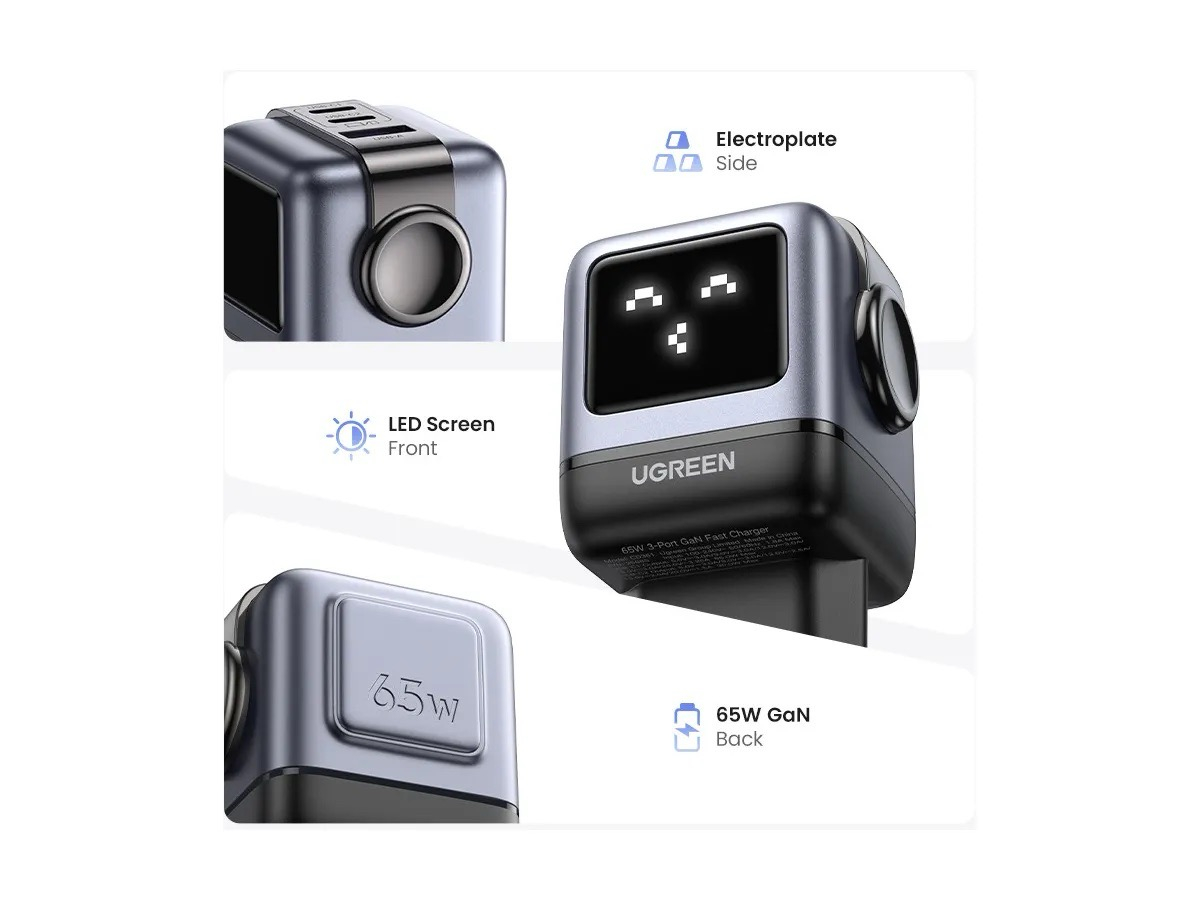 (65W) Nexode RobotGaN Dual USB C / USB A Ladegerät Netzteil Power Delivery 3.0 / Quick Charge 4.0 mit LED Display (25685B) - Schwarz