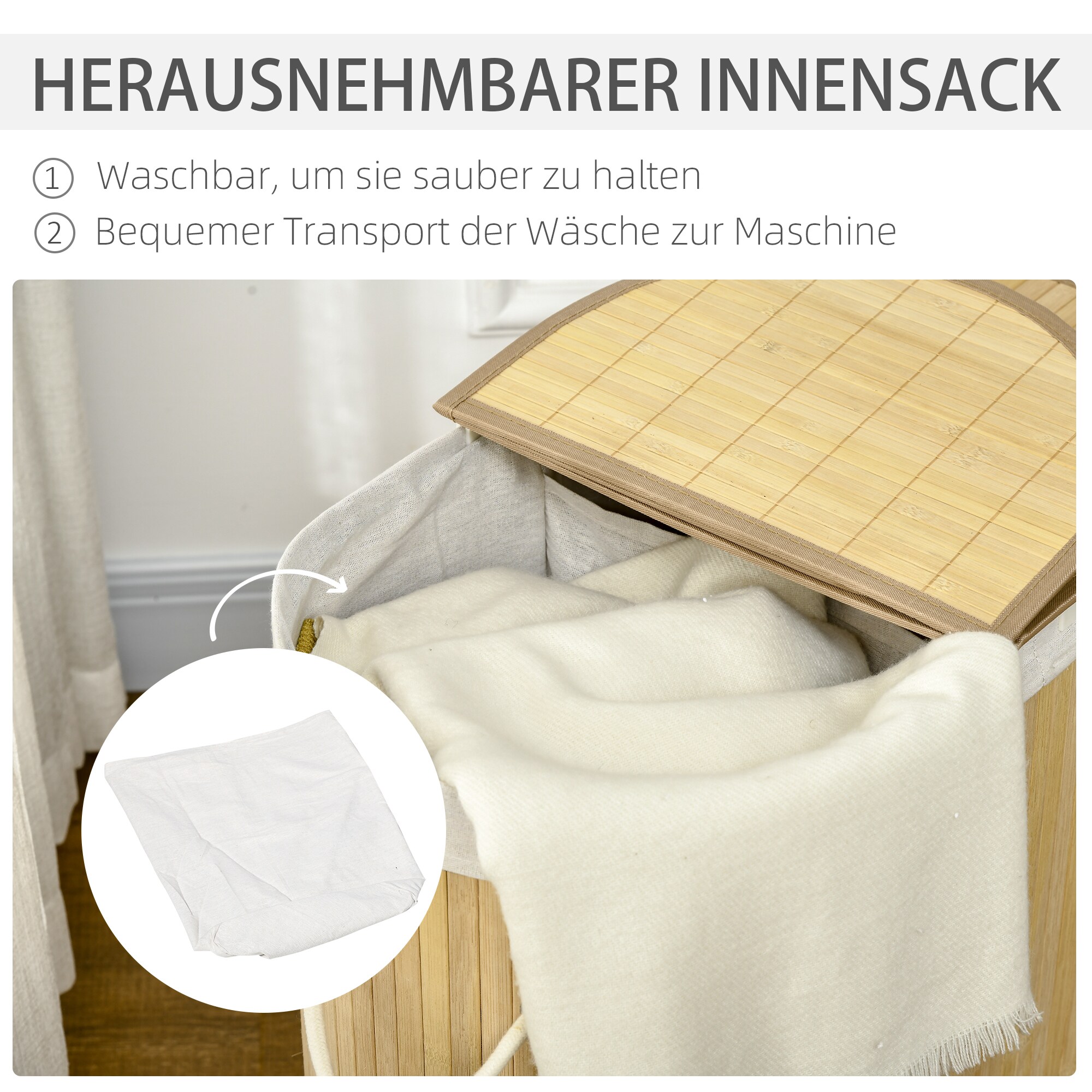 HOMCOM Wäschekorb mit Deckel natur 62,5L x 37B x 60,5H cm