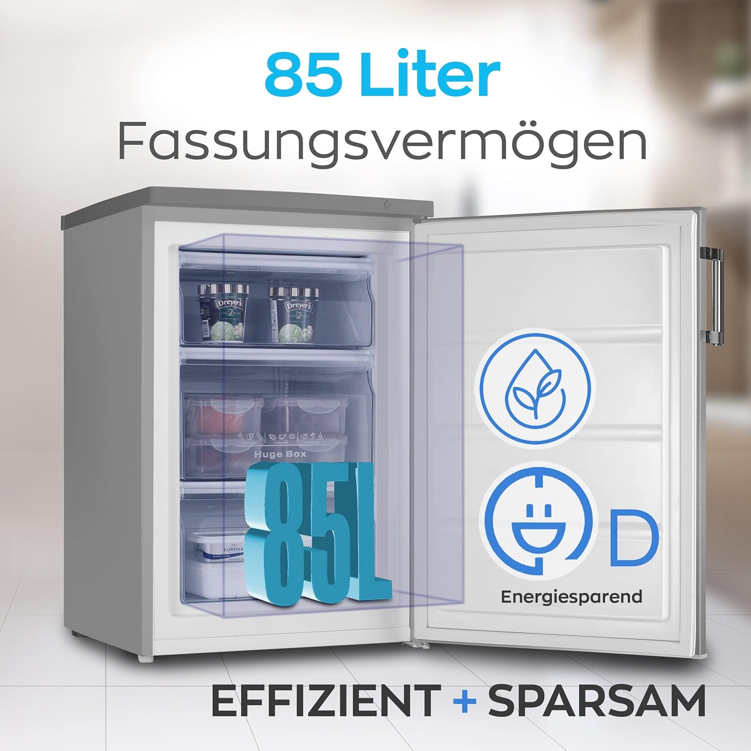 Heinrich´s Gefrierschrank, Mini, Temperatur:-18°C~-38°C, Freezer, 3x Gefrierschublade, Stufenloser Temperaturregler,Airflow, wechselbarer Türanschlag, 85 Liter Nutzinhalt, inox