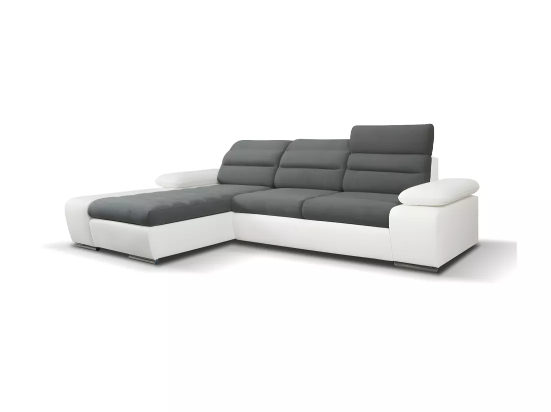 Canapé d'angle convertible en tissu et simili MIRABEAU - Bicolore gris/blanc - Angle gauche