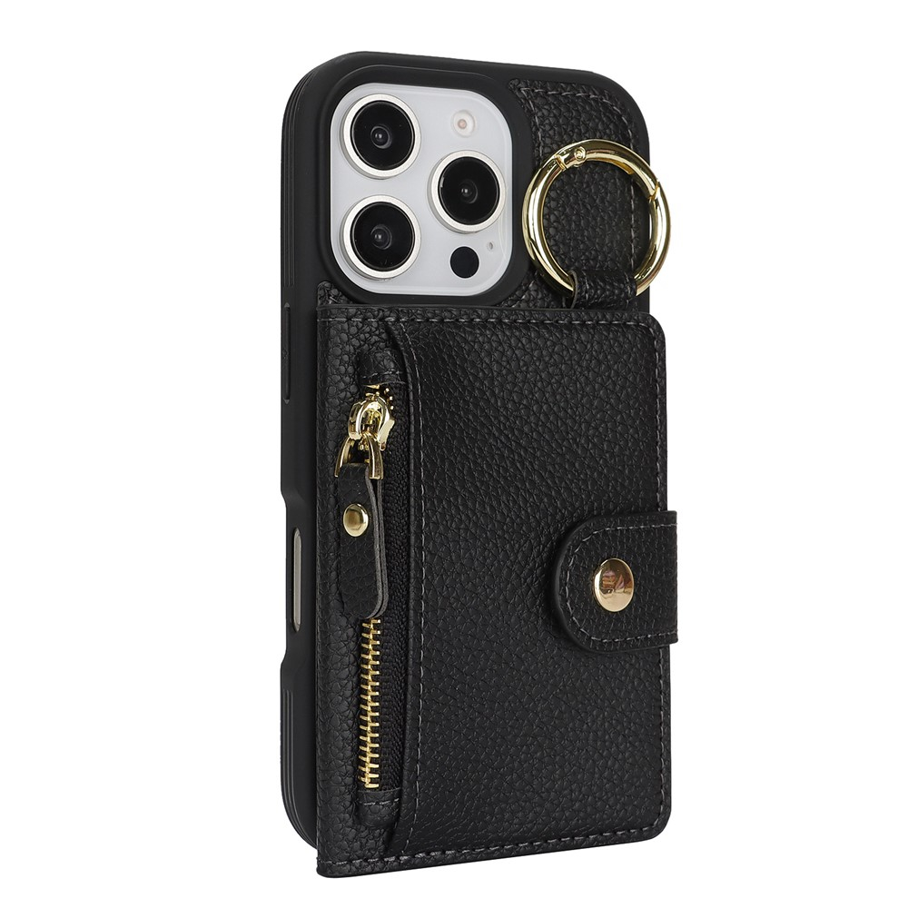 iPhone 16 Pro Leder Hülle mit Münzfach und Kartenfächer   Finger Griff Halterung - Schwarz