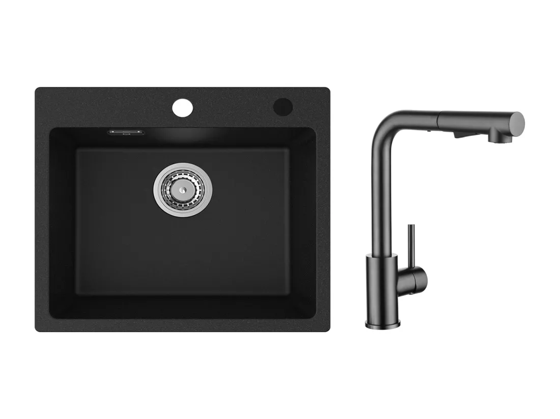 Cecipa MAX Evier 1 Bac 50x45cm Evier en Quartz et Résine Evier à Encastrer + Mitigeur Cuisine Avec Douchette Extractible