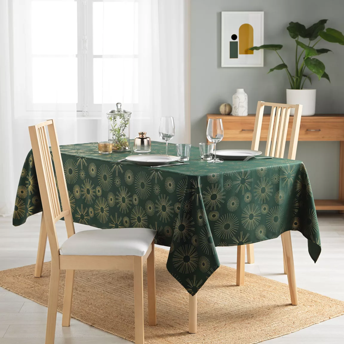 Nappe de Noël rectangulaire (150 x 300 cm) Pampille métallisé Vert