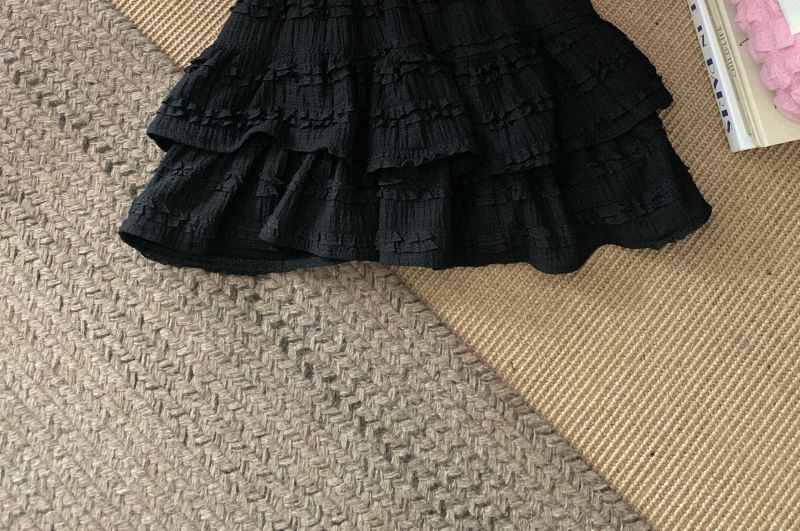 Flowerisque - Hoge taille, effen kanten rand, gelaagde mini-A-lijn rok
