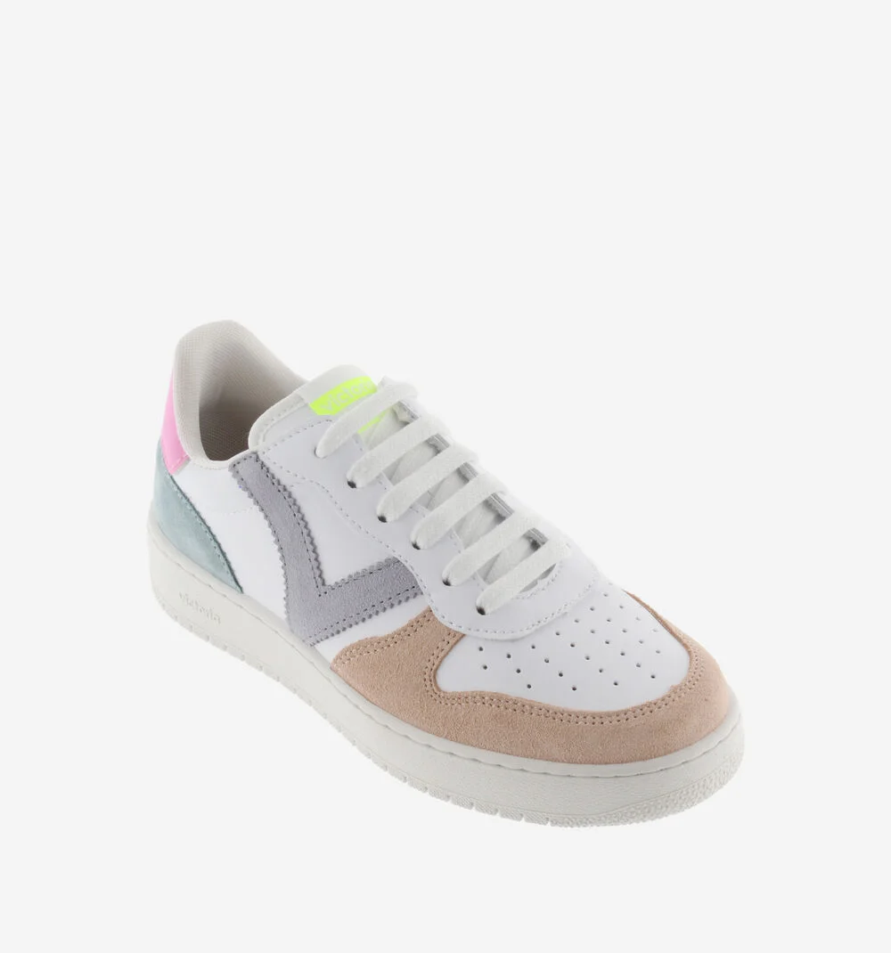 MADRID CUIR FENDU MULTICOLORE Baskets de sport, multicolore avec détail fluo pour femme. ROSA