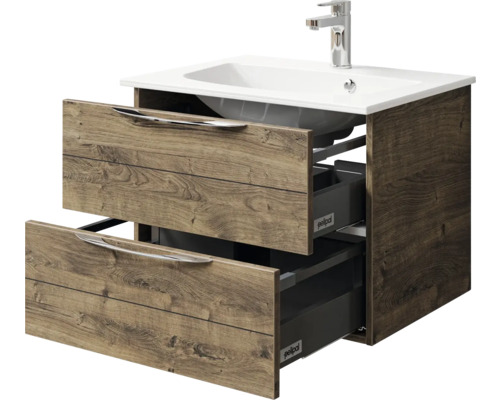 Pelipal Sunline 300 badkamermeubelset, BxHxD 67 x 49,9 x 48 cm, fronten in eikenlook, Ribbeck 2-delige badkamermeubelset met wastafel van mineraalmarmer