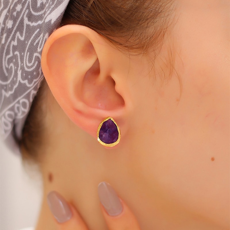 Boucles d'oreilles - Laiton plaqué or & améthyste
