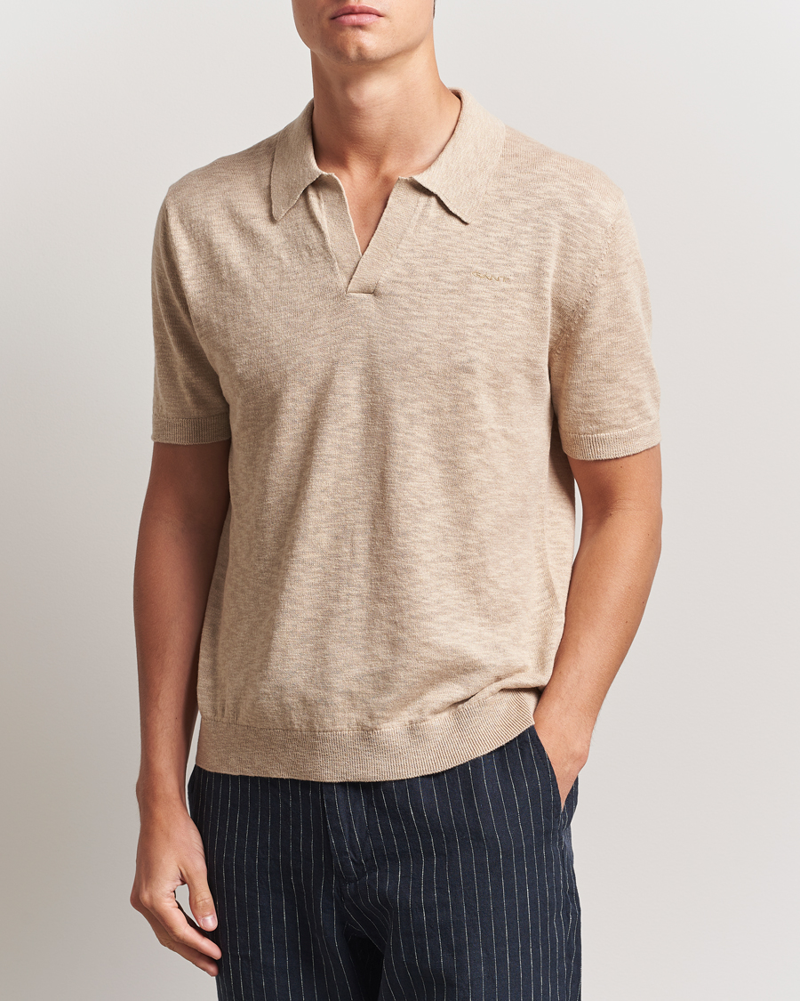 GANT Linen/Cotton Open Collar Polo Dry Sand