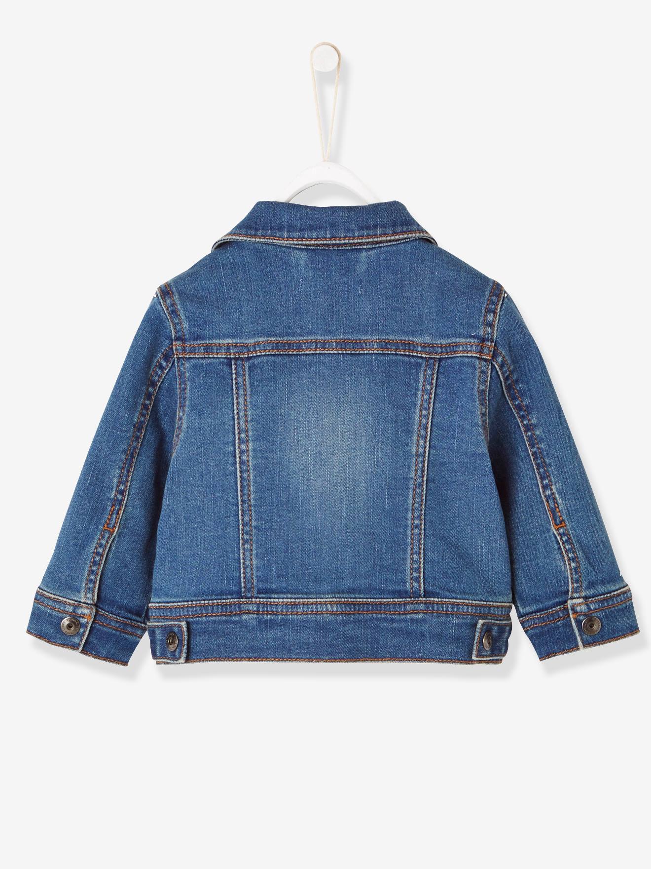 Jaqueta jeans infantil para menino com a bandeira britânica, lavagem azul escura.