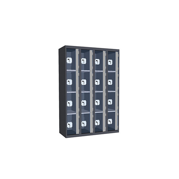 Casiers consigne à monnayeur , portes transparentes, 4 colonnes  de 4 cases larg.300 mm, anthracite/ gris clair