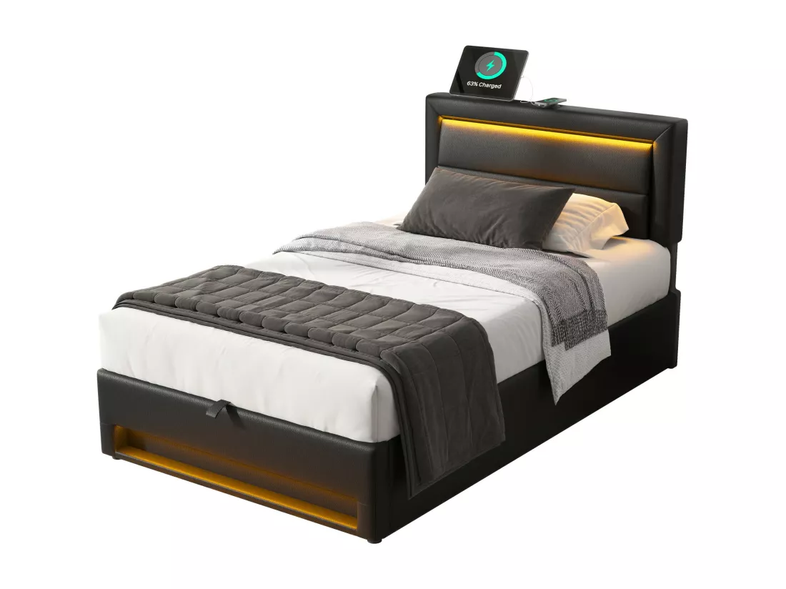 Lit coffre 90 x 200 cm avec tête de lit - Prises USB et LEDs - Cuir PU - Sommier à lattes - Noir(sans matelas)