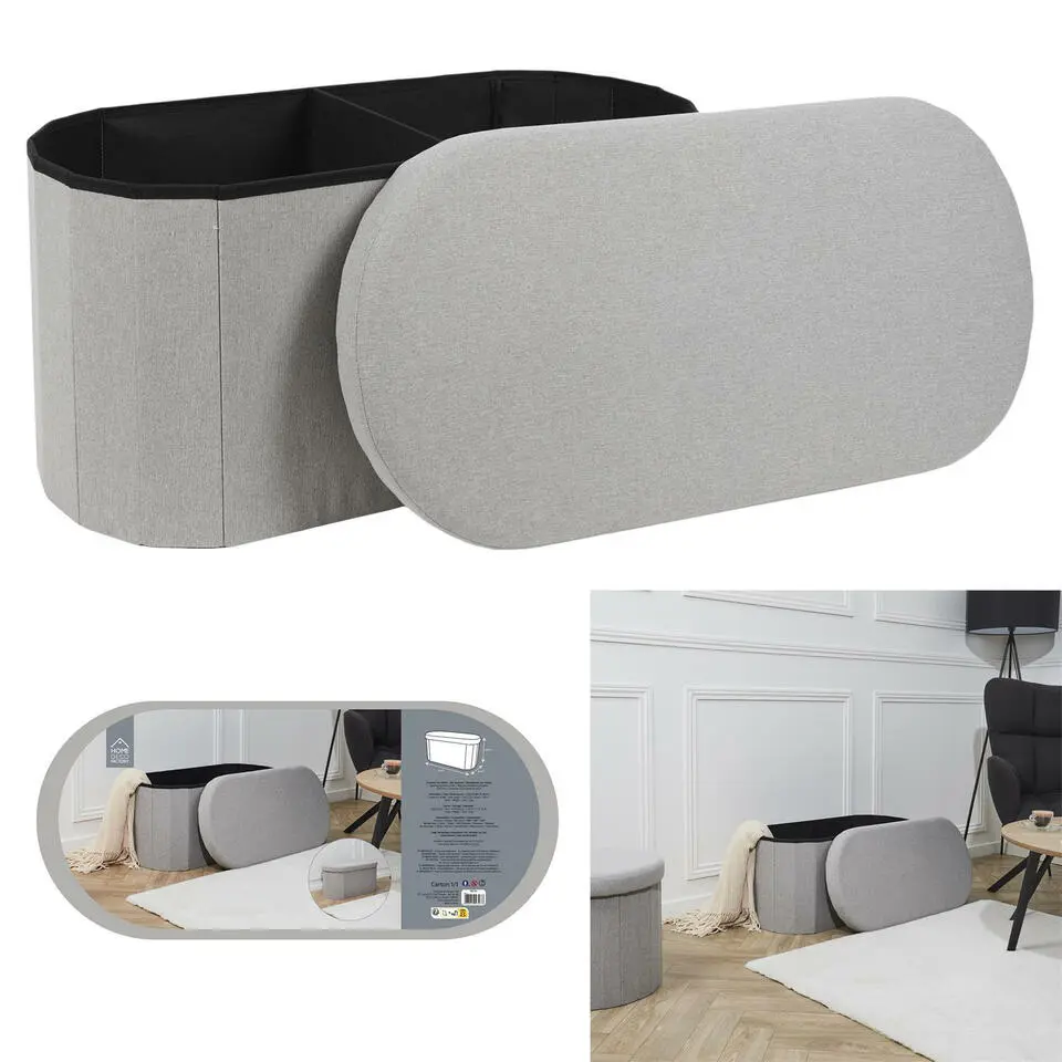 Home Deco - Poef - opbergbox - ovaal - grijs - 76 x 38cm