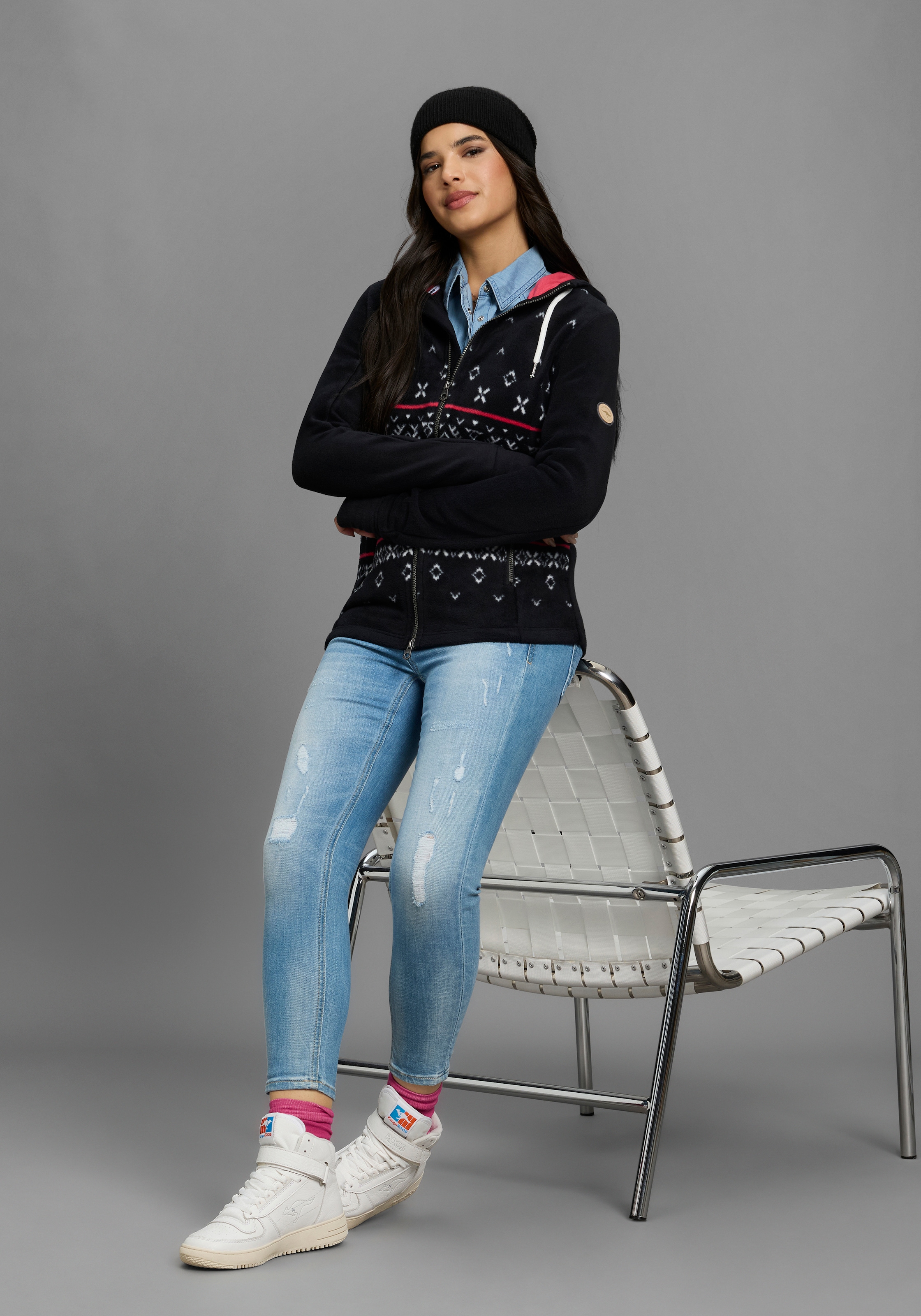 KangaROOS Fleecejacke mit Kapuze mit Norweger Muster und Kapuze