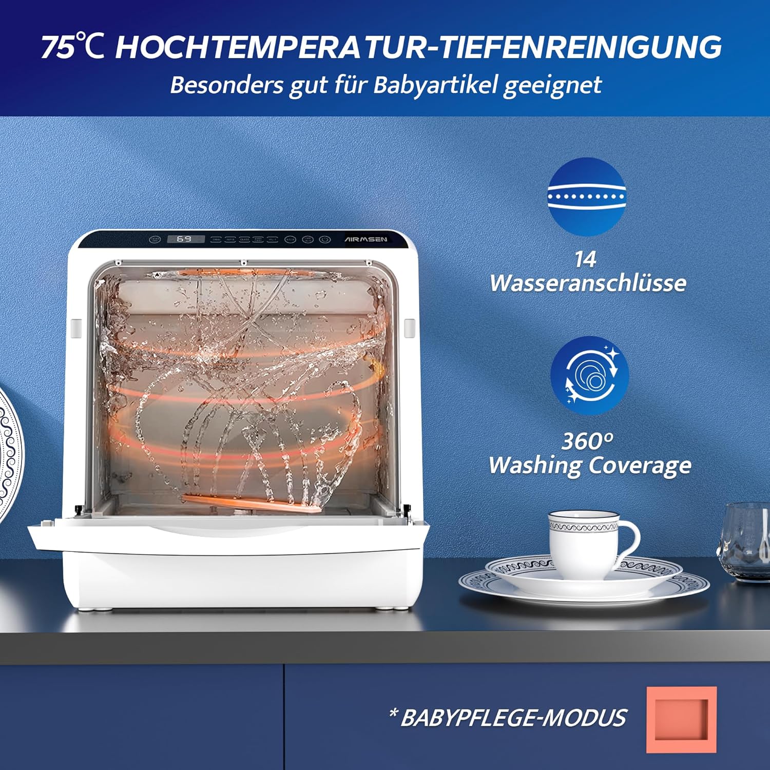 AIRMSEN Tischgeschirrspüler, Mini Geschirrspüler mit 5+1 Programme & 5L Wassertank, 2 Wege Wasserversorgung, Touch Control & LED-Display, Geeignet für Hausküchen, Wohnungen, Schlafsäle, Weiß & Schwarz