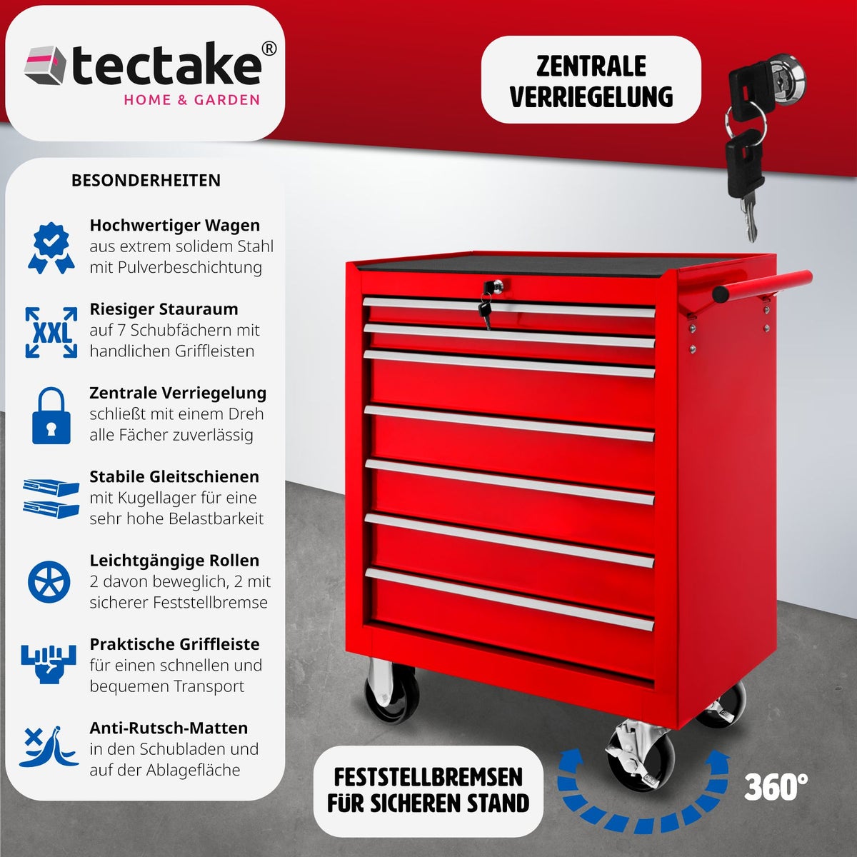 tectake gereedschapswagen met 7 kogelgelagerde laden met antislipmatten en wielen met een diameter van 100 mm.