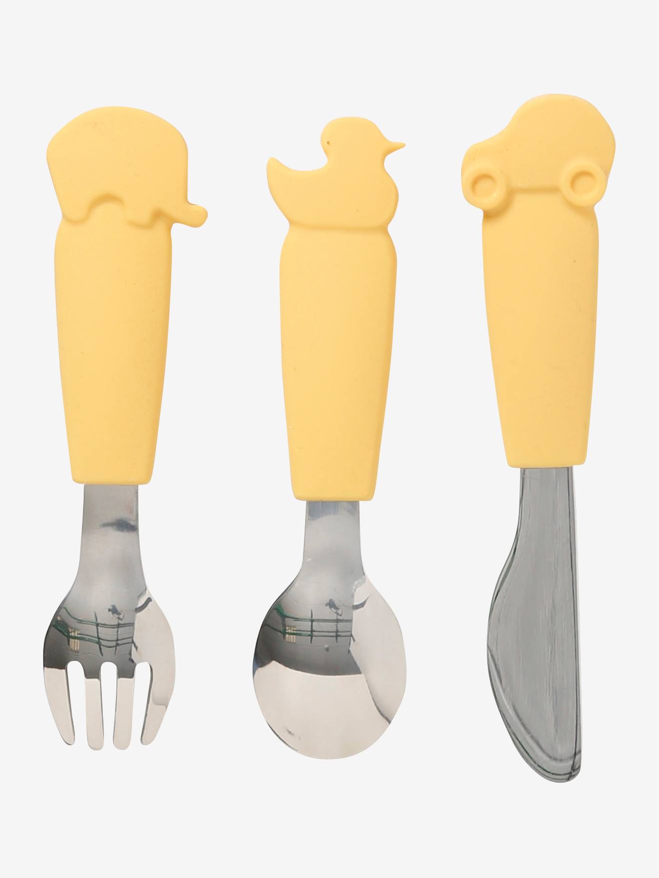 Conjunto de talheres infantis em silicone e aço inoxidável (3 peças), cor marrom claro lisa.