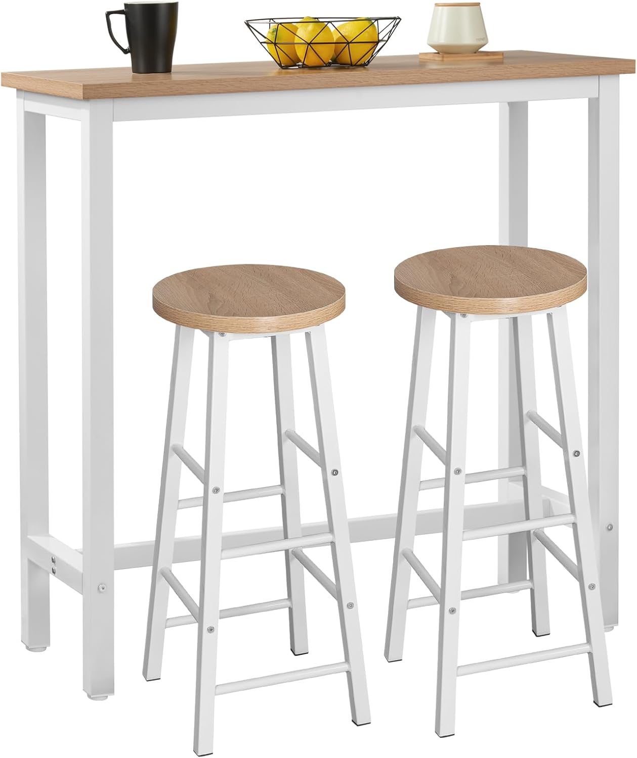 WOLTU Bartisch Set mit 2 Barhockern, 3-teilige Essgruppe mit Küchenstühlen, Esstisch & 2 Hockern aus Metall & Holz für Küchen Wohnzimmer, Hell Eiche