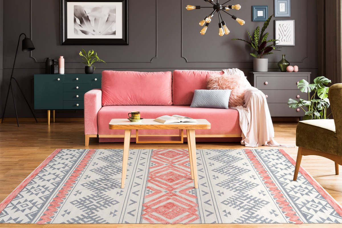 Flachgewebeteppich ETHNIE 200 - grau-apricot - 80x150 cm