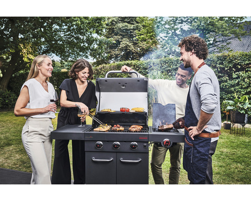 Char-Broil Professional Power Edition gasbarbecue met 3 branders, matzwart, inclusief opbergplank, dekselthermometer, geëmailleerde gietijzeren planchaplaat, vetopvangbak, grillrooster, uitklapbare zijtafel, zijplank, warmhoudrek.