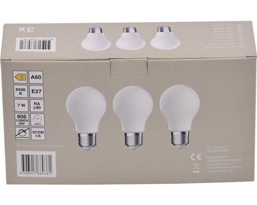3x LED Lamp A60 E27/7.0W (60W) 806 lm 6500K daglichtwit mat 3 stuks