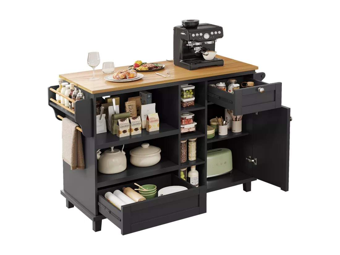 Ilot central de cuisine mobile avec une porte, 2 tiroirs et étagères de rangement ouverts - 129 x 46 x 92 cm - Bois MDF - Noir