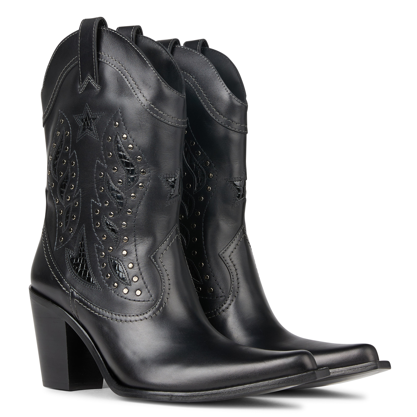 TIPPI 80 - Bottine western brodée à talon en cuir | Noir