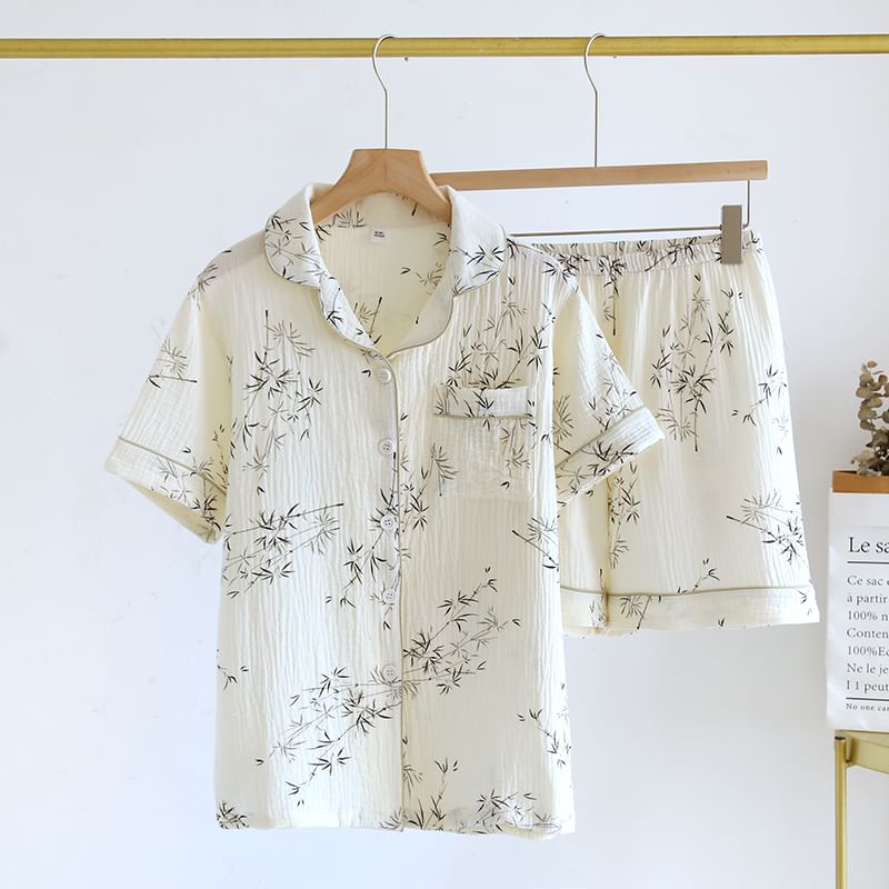 Dogini - Pyjamaset: overhemd met korte mouwen en bladprint + korte broek