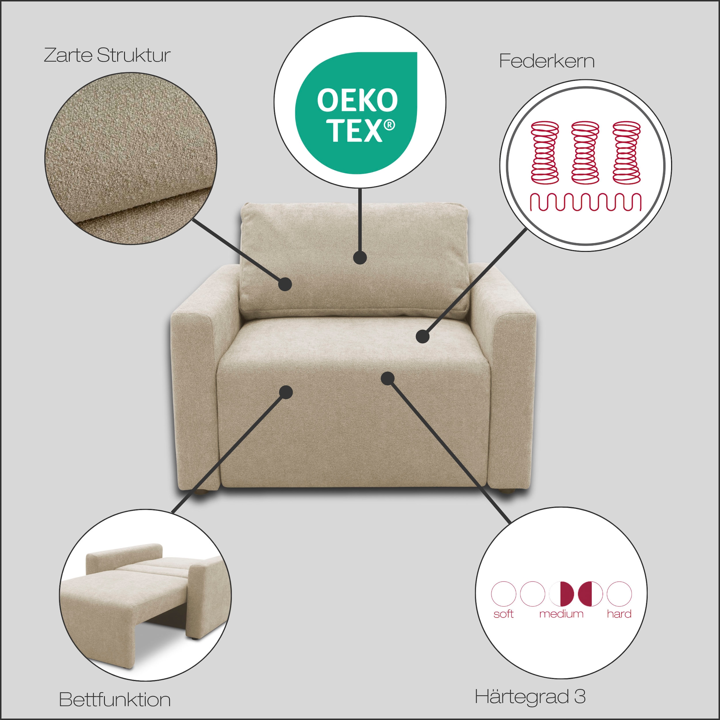 DOMO collection Sessel »Sintra ausklappbar zur Schlaffunktion, mit Rückenkissen« Feinstruktur, beige