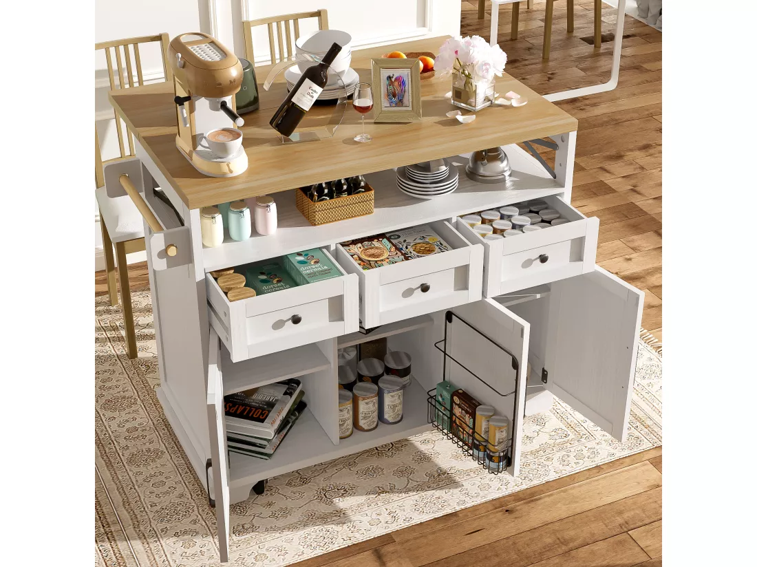 Ilot central de cuisine mobile avec 3 tiroirs, 3 portes et compartiment - 118 x 43/80 x 98 cm - MDF et métal - Blanc
