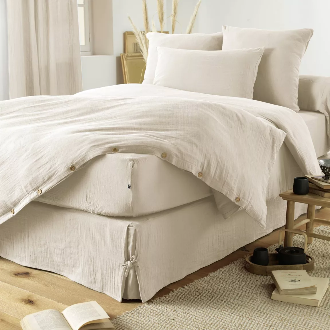 Cache-sommier Gaze de coton (90 x 190 cm) Gaïa Beige pampa