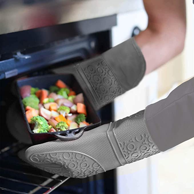 (6-tlg. Set) Hitzebeständige Silikon Ofenhandschuhe Topflappen   Untersetzer - Grau