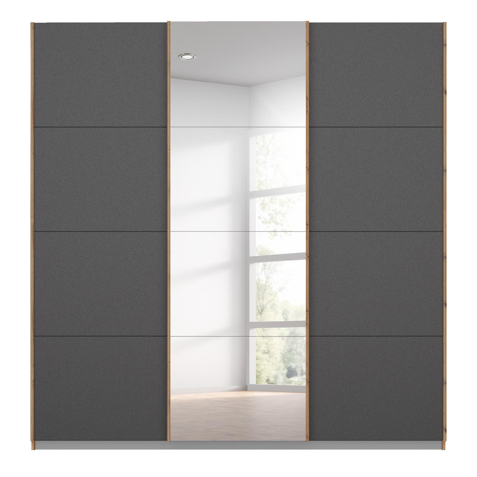Schwebetürenschrank - grau metallic - Eiche Artisan - mit Spiegel - 203x210 cm
