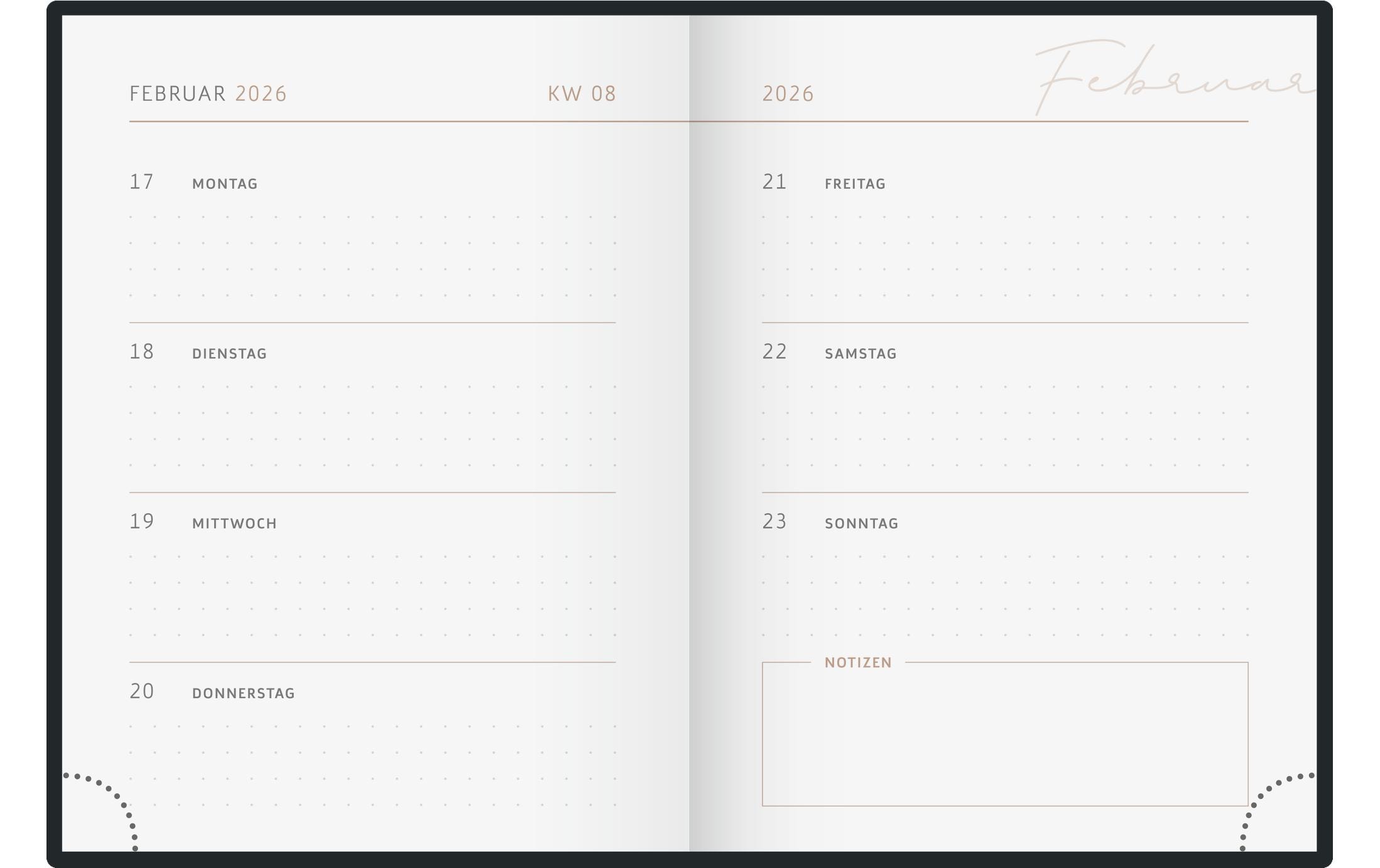 Wochenagenda Design Line Herz, 2026, SchwarzWochenplaner mit zwei Seiten je Woche