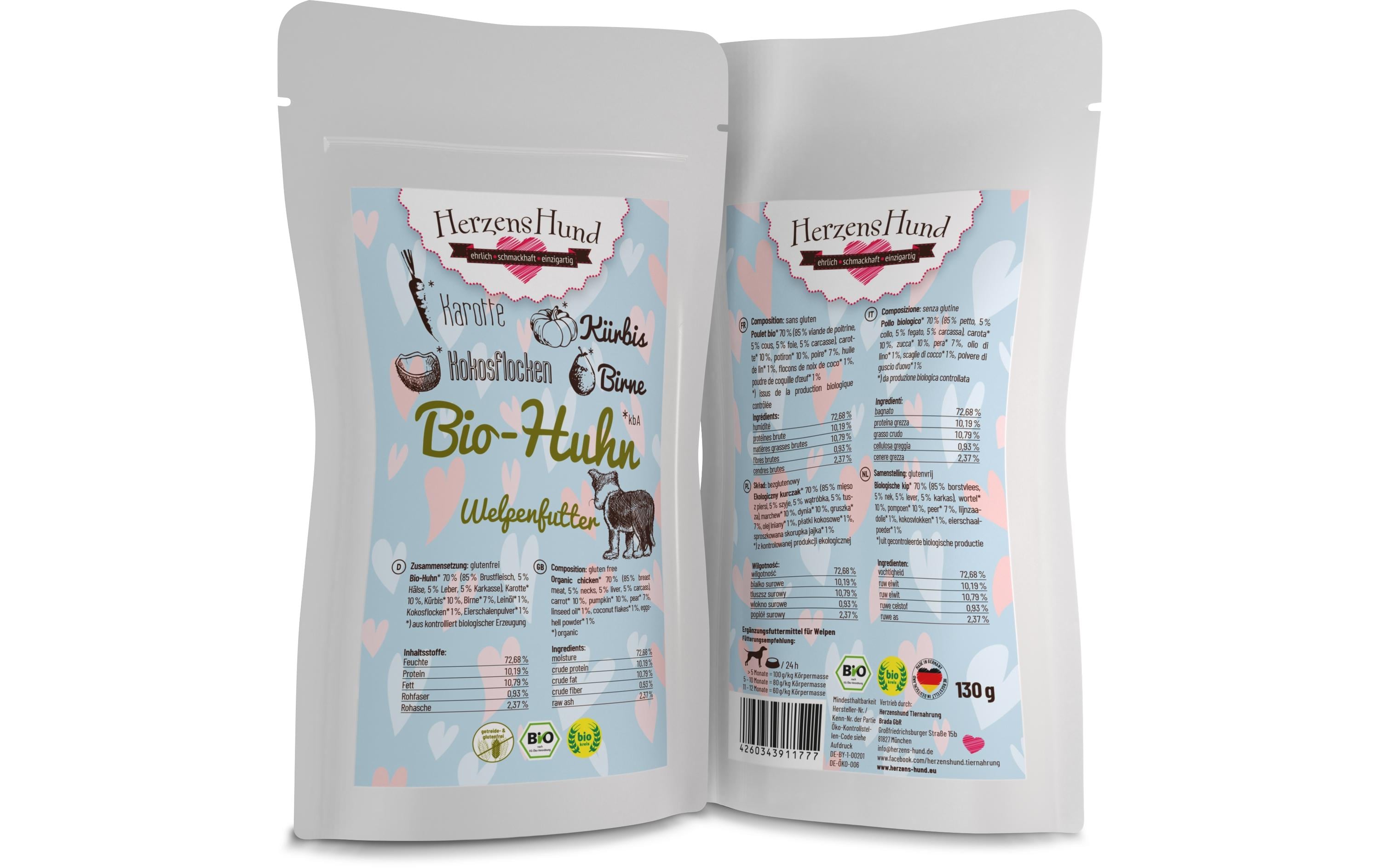 Nassfutter Welpe Bio-Huhn mit Bio-Karotte, 130 gPremium Bio-Ergänzungsfuttermittel für Welpen