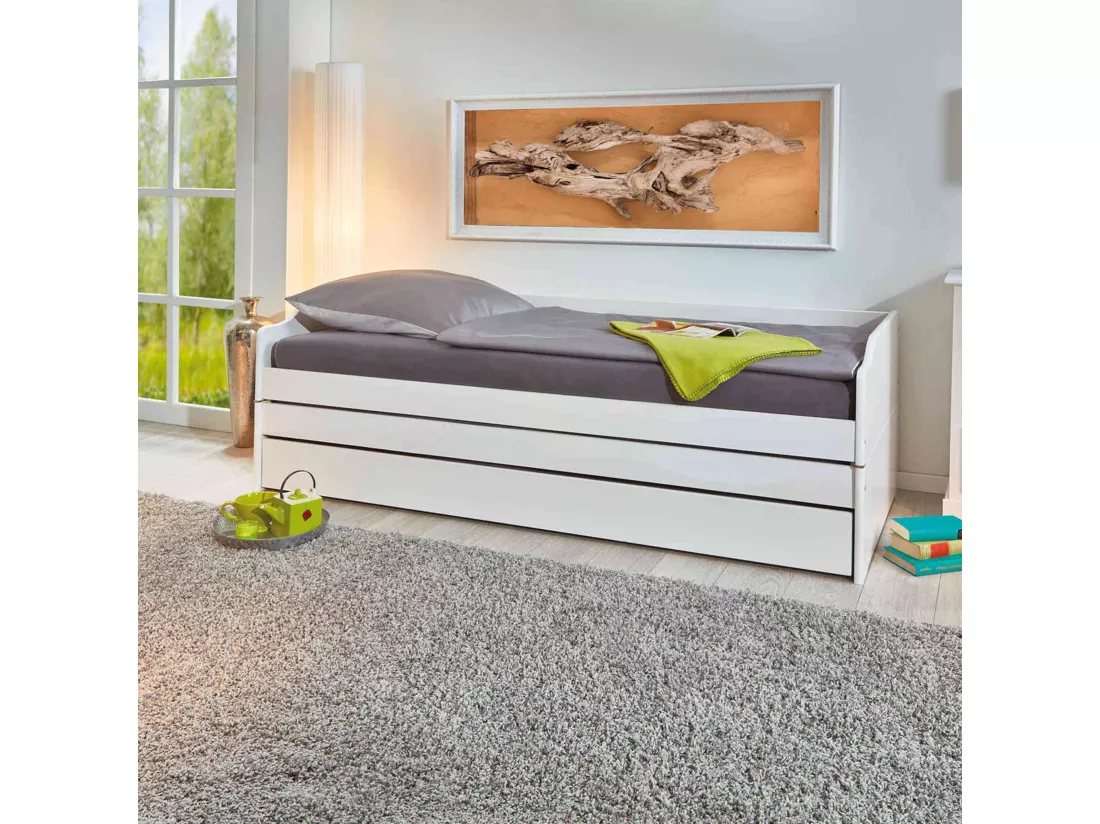 Lit gigogne 3 couchages en bois massif blanc laqué 90x200 - LT12015