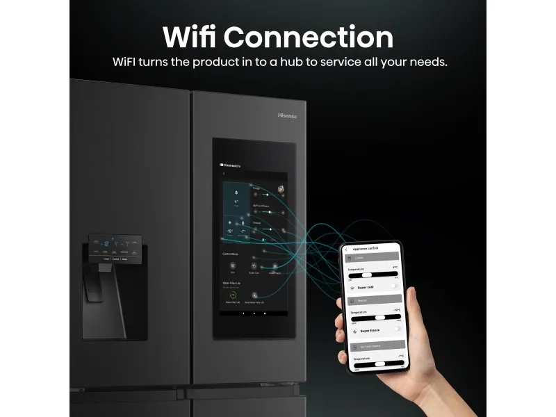Hisense RQ760N4IFE - Køleskab/fryser - frans dør-bundfryser med vanddispenser, isdispenser - Wi-Fi - bredde: 91.4 cm - dybde: 72.5 cm - højde: 178.5 cm - 577 liter - Klasse E - sort