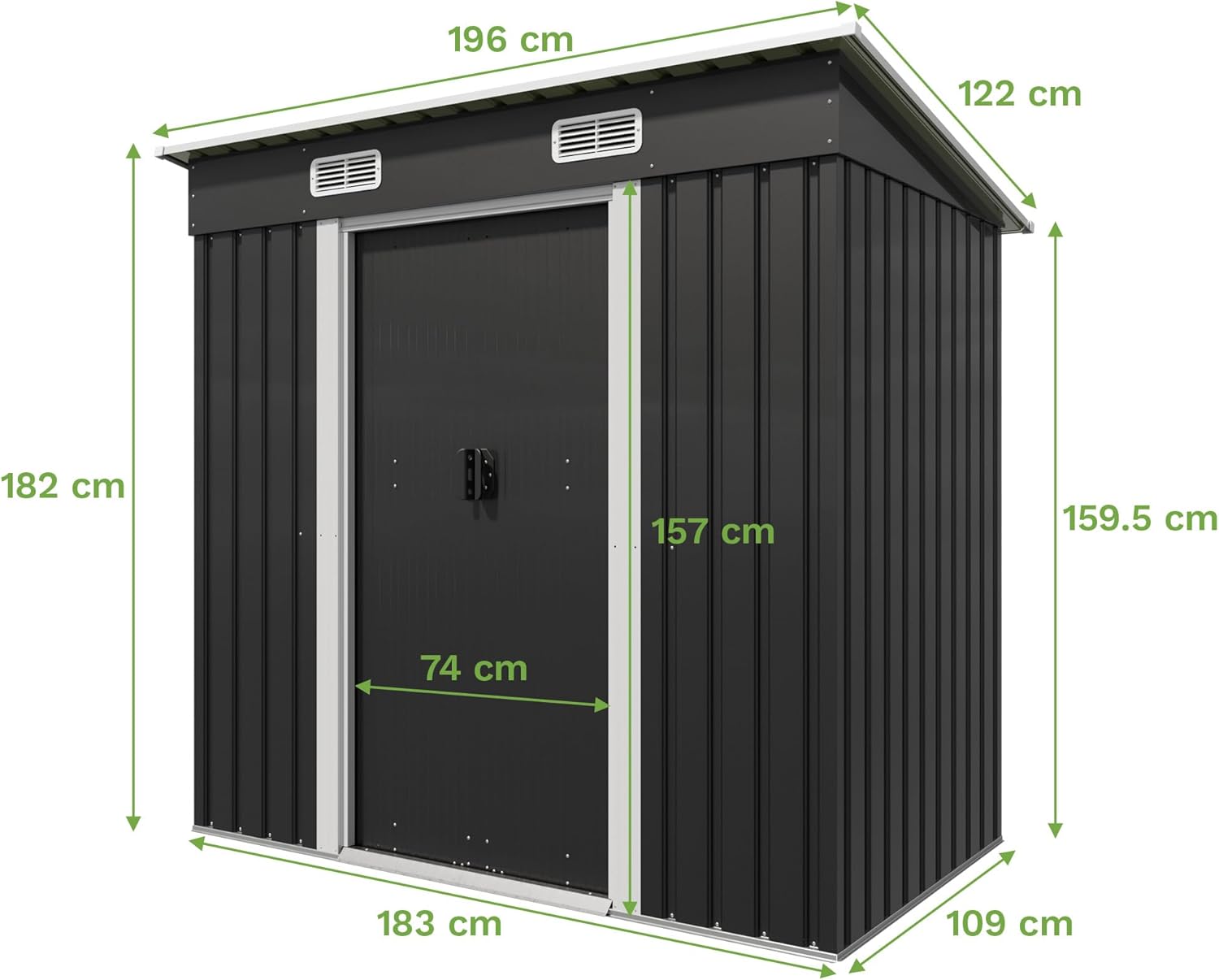 Metall Gerätehaus 183x109x182cm mit Fundament 3.6m³ Gartenhaus mit Pultdach & 2 Schiebetür, Anthrazit, Farradgarage, Wetterfest für Gartengeräte und Mülltonnen