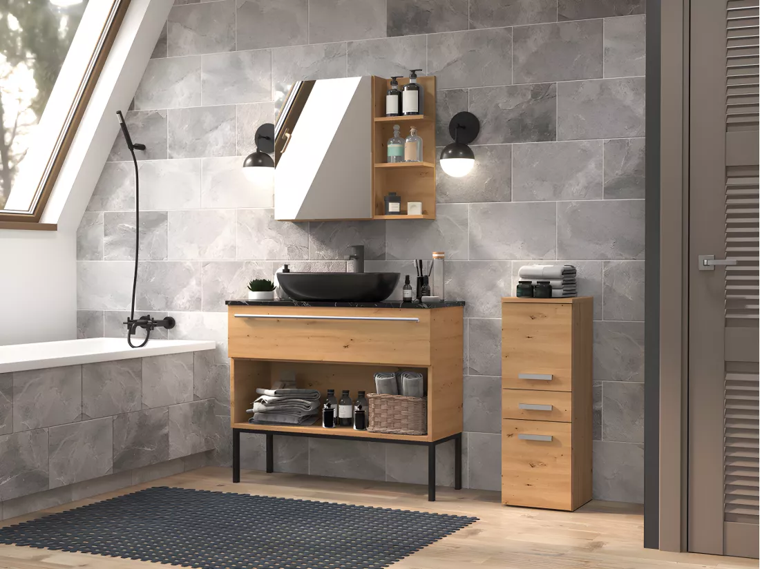 NINA - Meuble salle de bain 2 portes + 1 tiroir - 30x30x85cm - Colonne basse rangement SDB