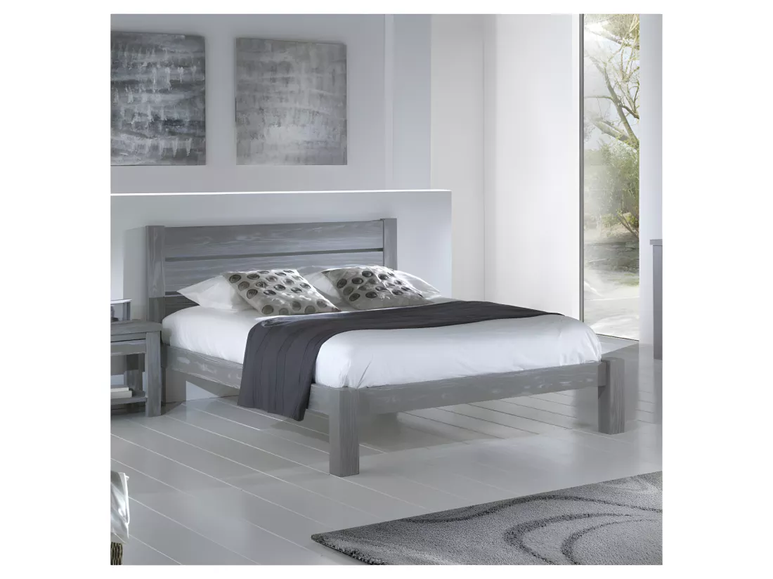 Chambre Complète (180*200) bois massif Gris - GABRIEL