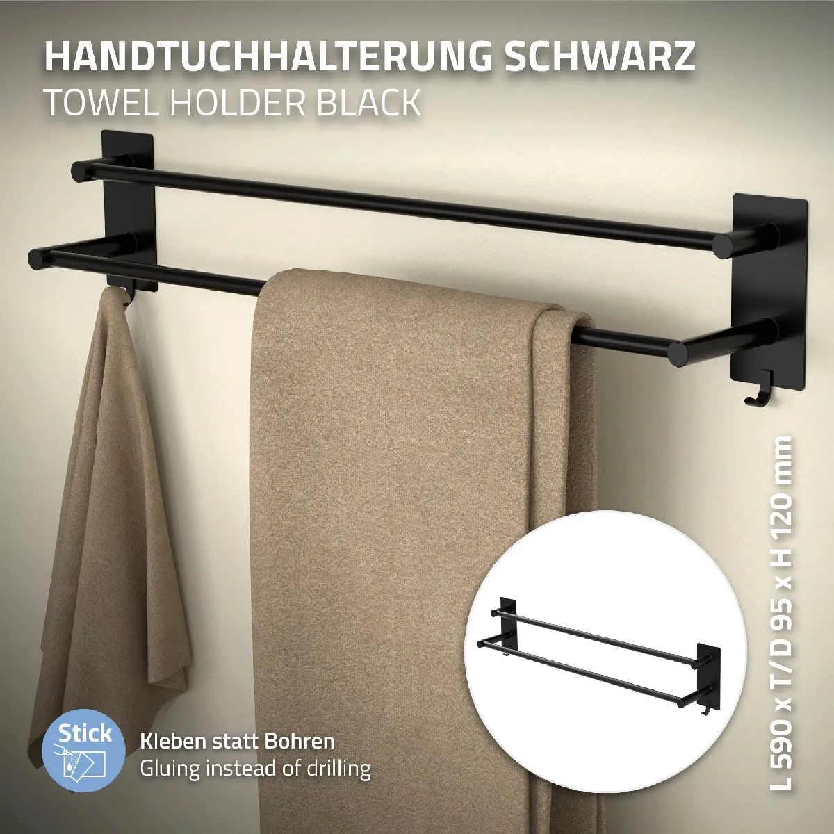 ML-Design Porte-serviettes sans percer - 59cm - Noir