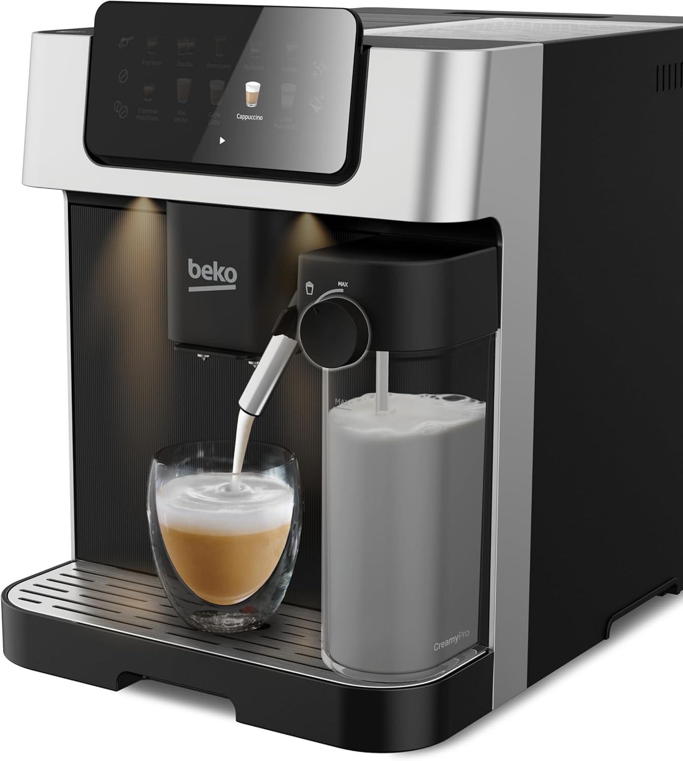 Beko - CEG7304X - Kaffeevollautomat mit Milchkännchen, digital, automatisches Vorschmelzen, Druck 19 bar - Schwarz, 27,5 x 40,5 x Höhe 34 cm