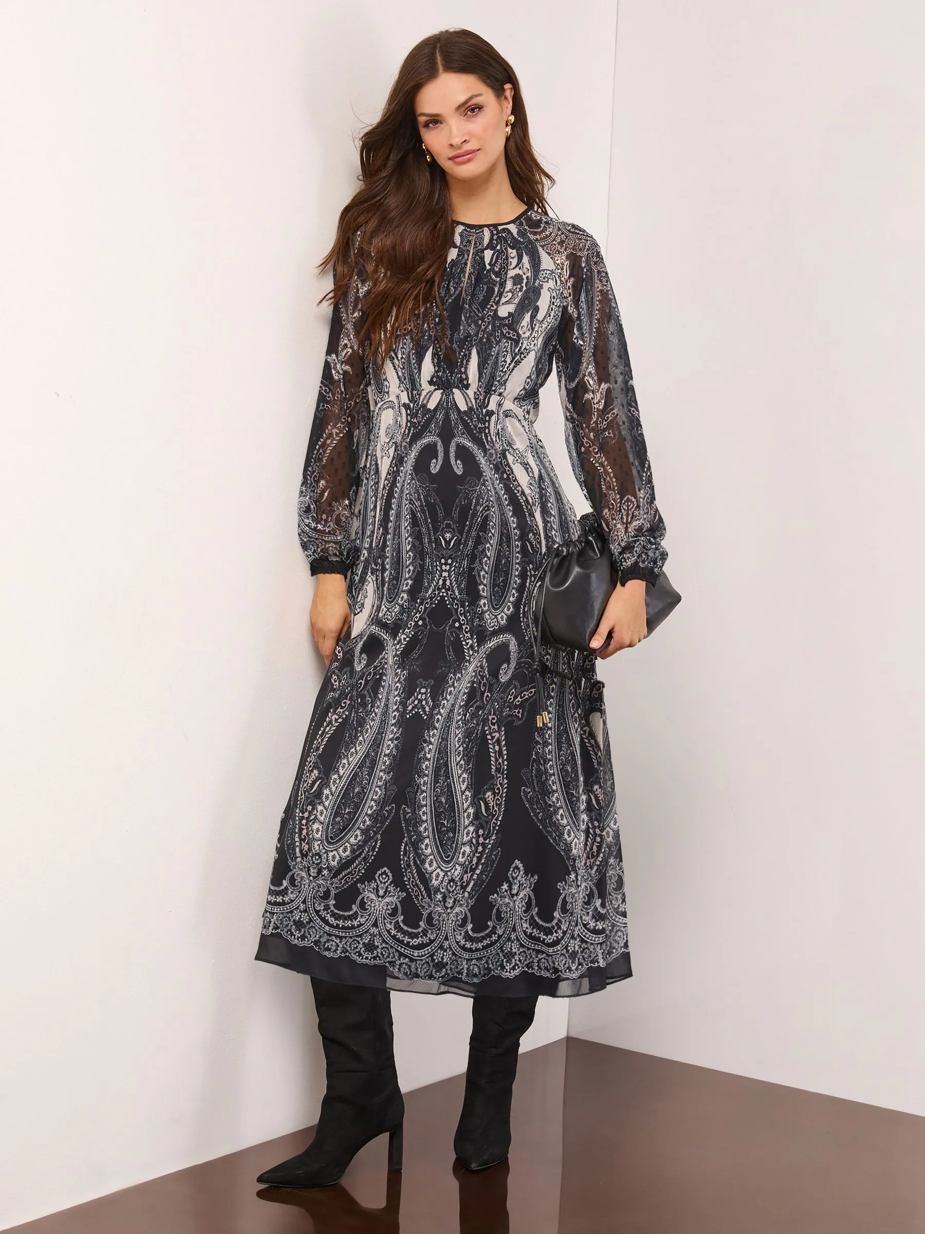 Zwart/wit - Lipsy Long Sleeve Underbust Fit And Flare Midi Dress