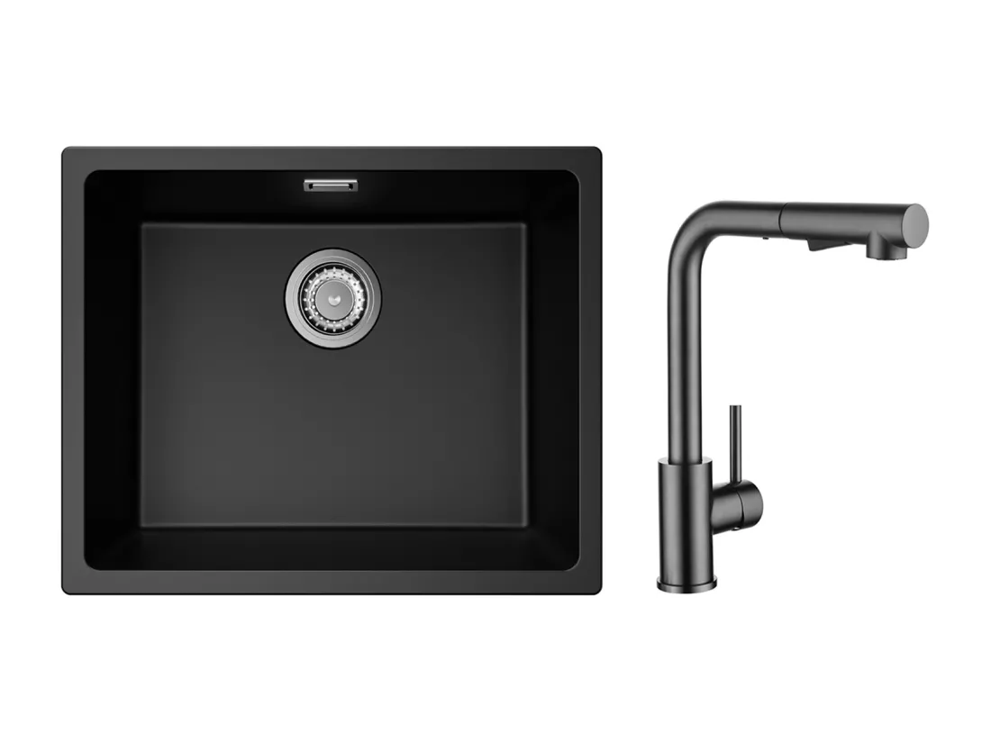 Evier 1 Bac en Quartz et Résine, 3 Options de Montage, 55*44*20cm + Mitigeur Cuisine Avec Douchette Extractible