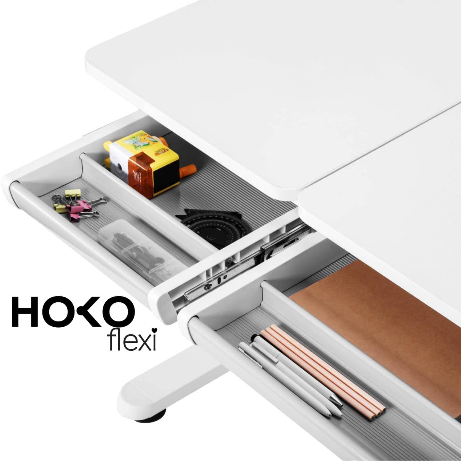 HOKO Kinderschreibtisch Höhenverstellbar, Schreibtisch Kinder 120x60 cm, Kinderschreibtische Kinder ab 6 Jahren, Neigbare Tischplatte mit Schubladen, Verstellbar 54-76cm (Weiß, ELIN)