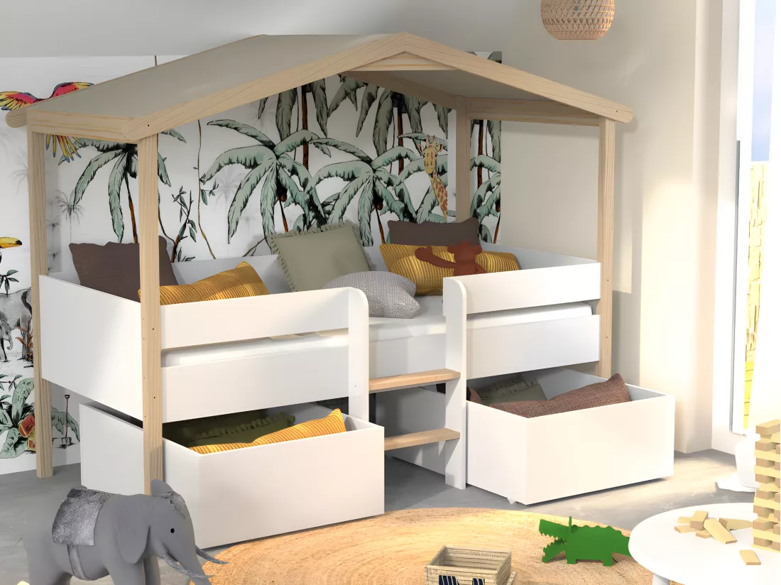 Lit cabane SAROSI avec tiroirs - 90 x 190 cm - Tilleul - Blanc et chêne + matelas