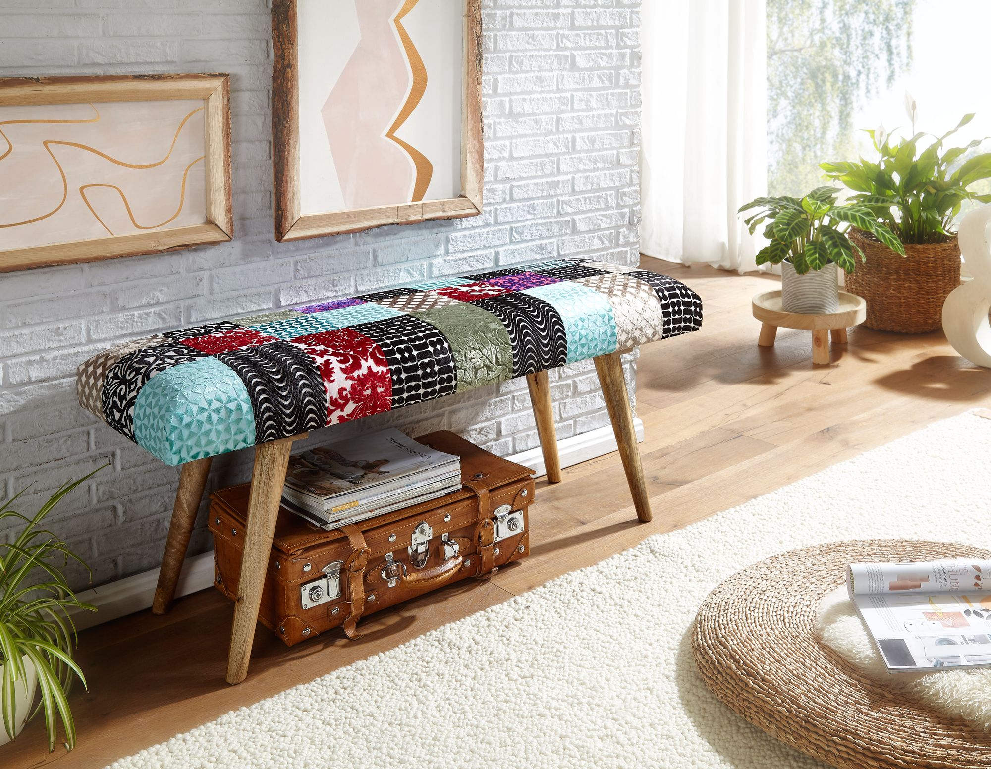Sitzbank FineBuy Bettbank Samt 117 cm Patchwork Flurbank Polsterbank Bank Modern