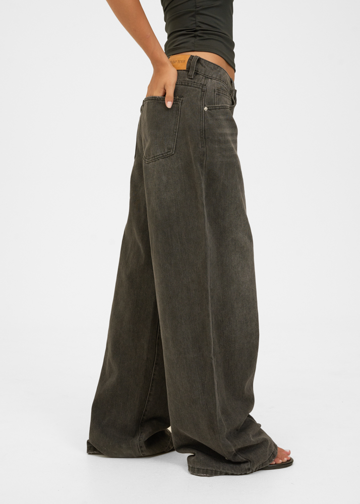 Wide leg classic low waist jeans iron zwart