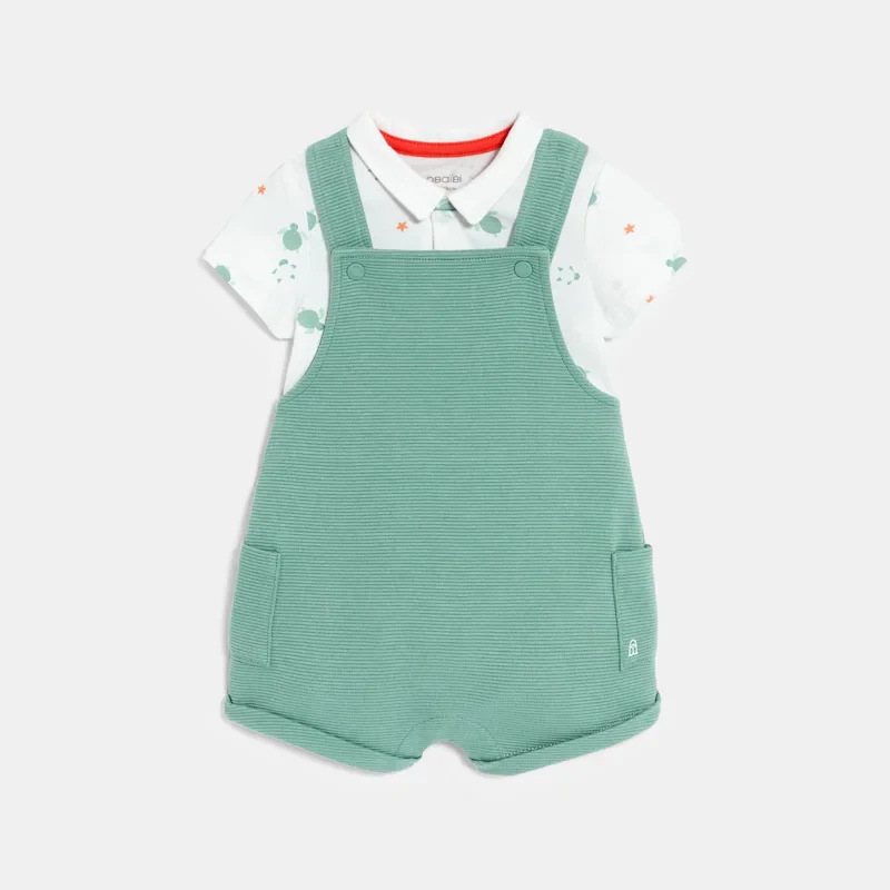 Salopette courte coton côtelé et body assorti vert bébé garçon Vert