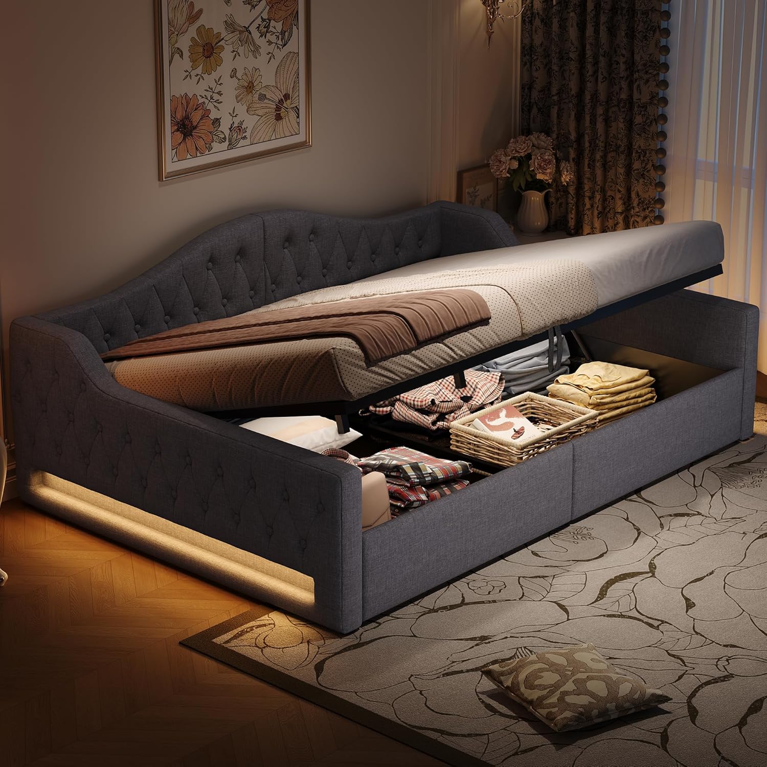 Polsterbett Schlafsofa 140x200 cm, Tagesbett Sofabett mit LED-Gürtel, Stauraumbett mit Hydraulischer Stauraum, Lattenrost aus Holz, MDF+Sperrholz+Leinen, Ohne Matratze, Grau
