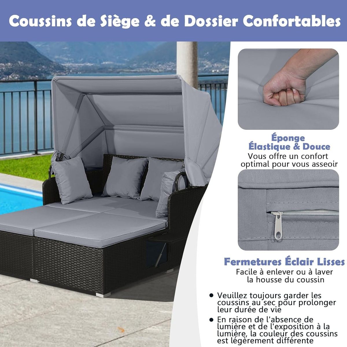 Chaise Longue à 2 Places en Rotin avec Auvent Rétractable Bain de Soleil avec Panneaux Latéraux Pliables Charge 360KG Beige/Gris - Lidl-Manfred